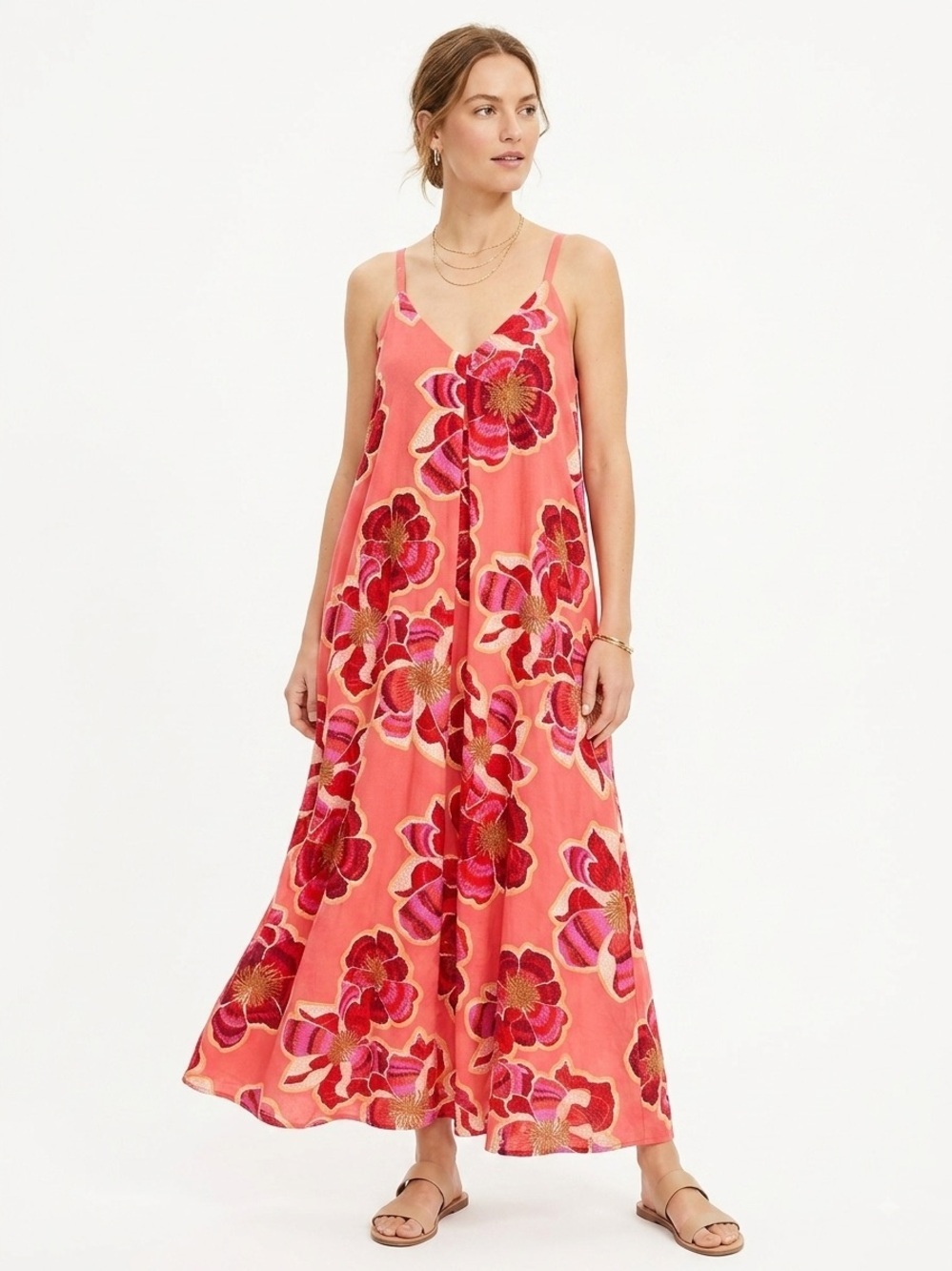 LOFT Pink Floral Linen Blend Maxi Dress Petite 12P
